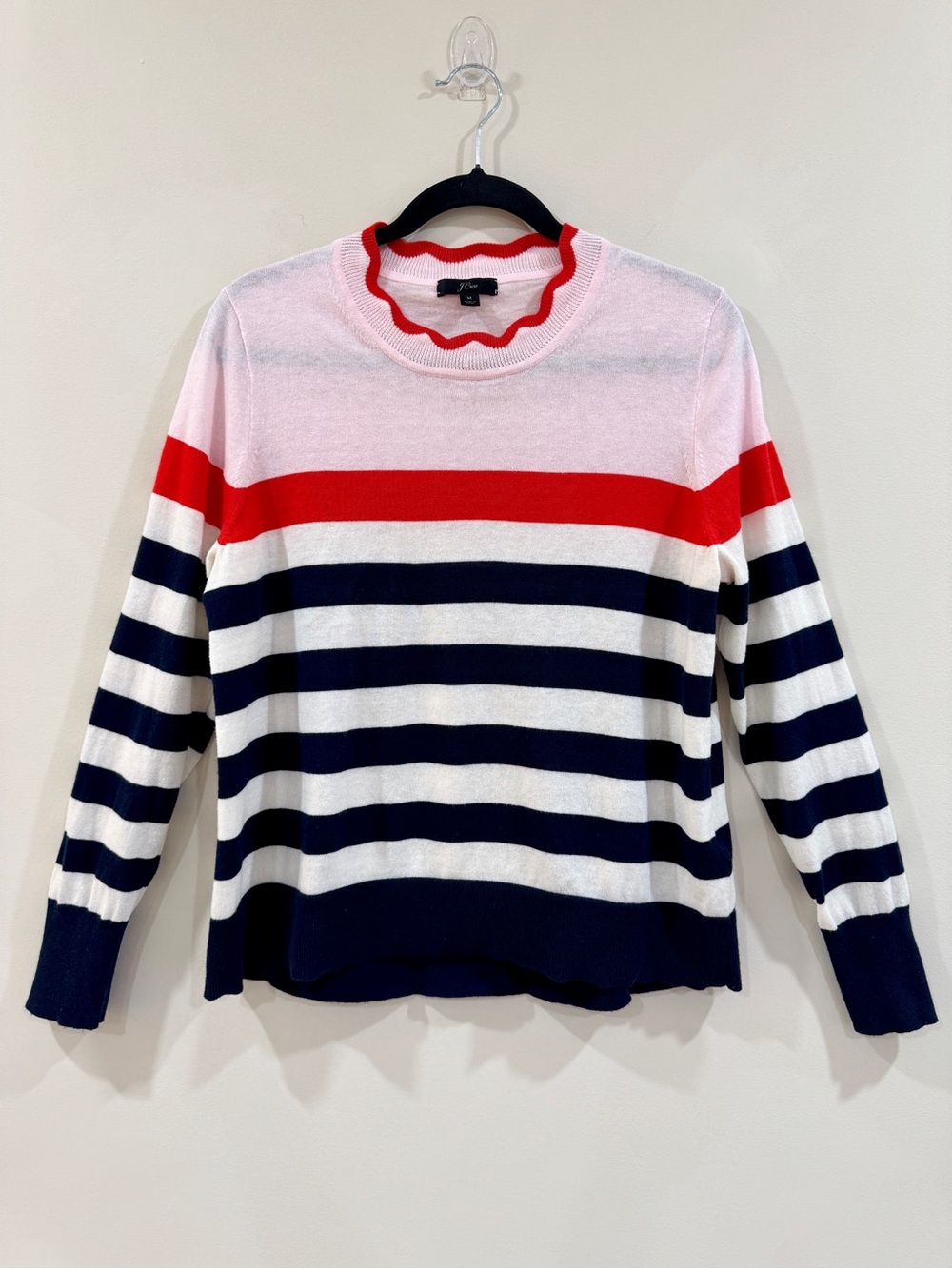 J.Crew Scalloped Neck Colorblock Stripe Sweater M Pink Red Navy Preppy Coastal